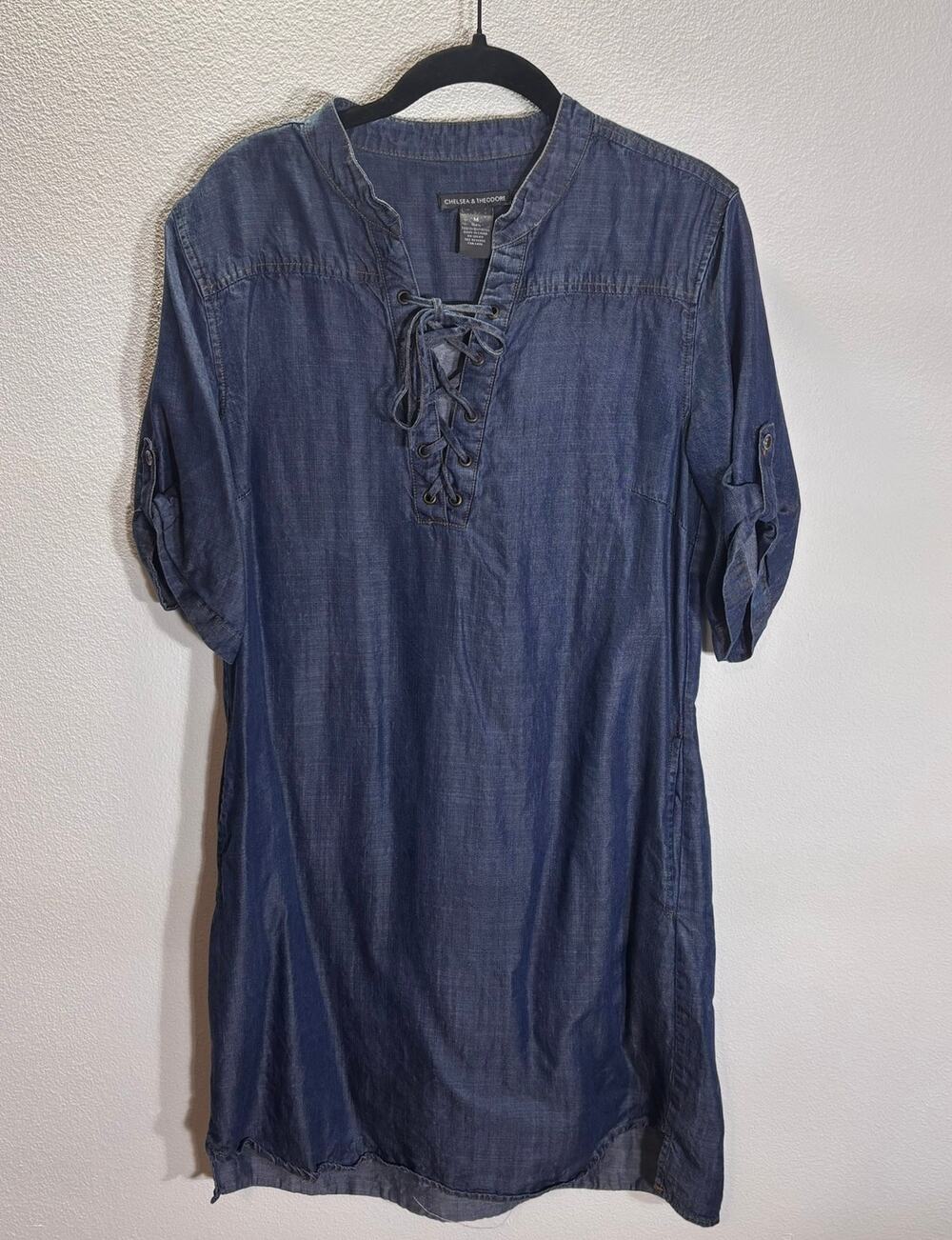 Chelsea & Theodore Chambray Denim Lace Up Shift Dress Medium Boho Tencel